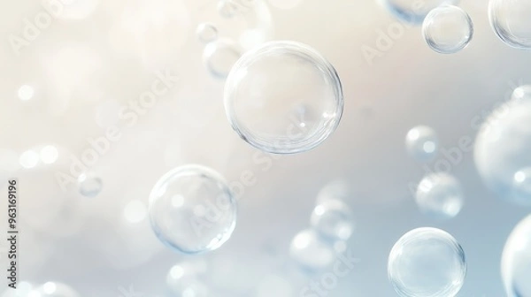 Fototapeta Abstract background with floating transparent bubbles on a light grey backdrop.