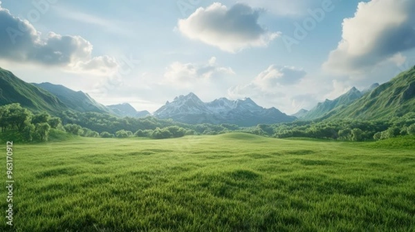 Fototapeta Breathtaking landscape featuring lush green fields and majestic mountains under a blue sky dotted with fluffy clouds.