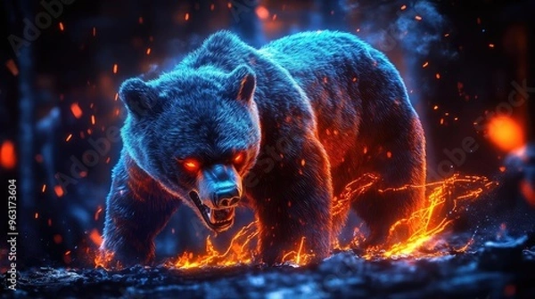 Fototapeta A fierce bear in a striking, fiery landscape, showcasing vibrant colors and dramatic lighting in a captivating scene.
