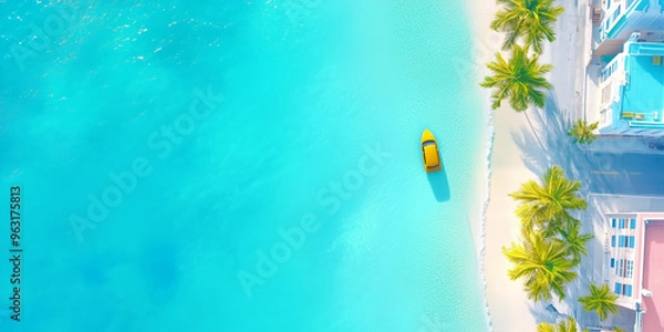 Fototapeta Aerial view of a yellow boat on clear turquoise waters