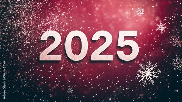 Obraz 2025 with snowflakes and sparkling red background, holiday celebration, new year 2025 concept