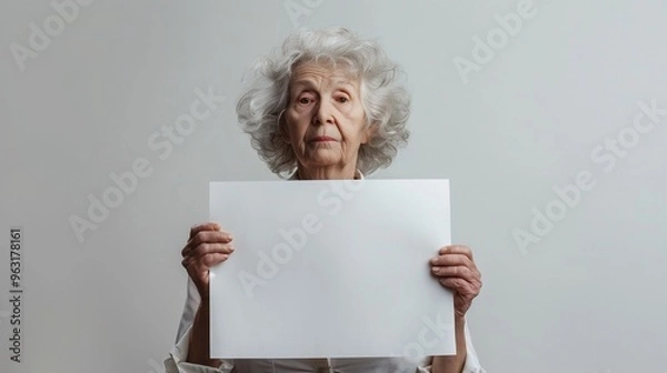 Fototapeta Elderly woman holding blank white sheet of paper. Old lady on bright background. AI generated