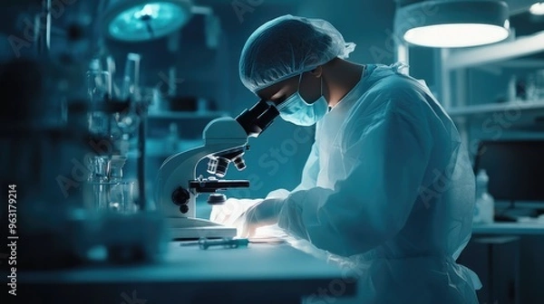 Fototapeta Surgeon using a microscope during a delicate procedure in a high-tech operating room.