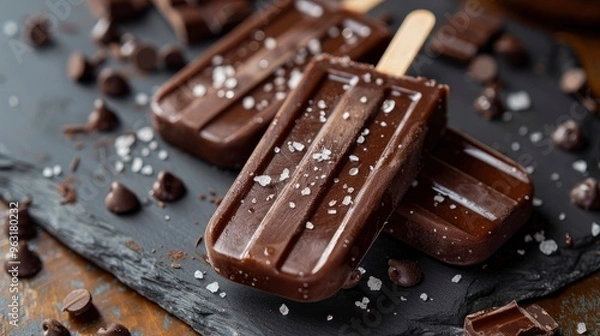 Obraz A close-up of a popsicle with a layer of dark chocolate and sea salt, displayed on a slate board. The contrast of the rich chocolate and the vibrant popsicle colors creates a mouth-watering effect.