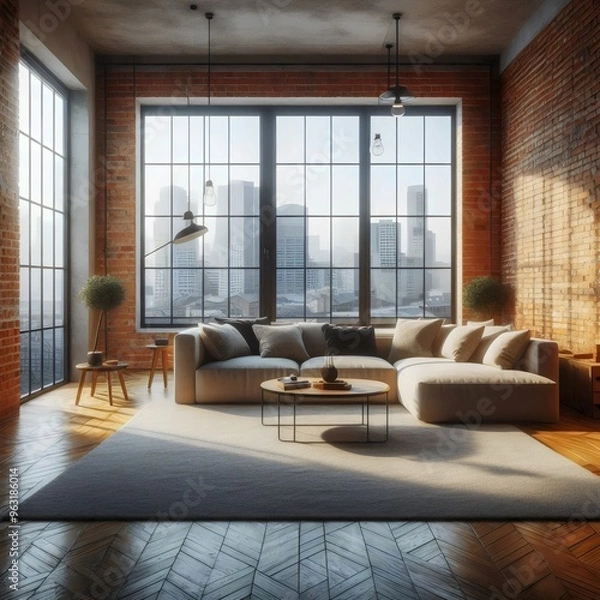 Fototapeta Home design. A loft-style room with a corner sofa and large panoramic windows. 3D rendering.