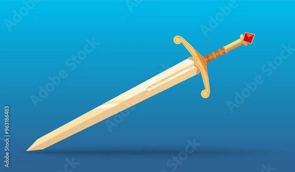 Fototapeta Large knightly sword with richly decorated gold hilt adorned with ruby. Vector illustration