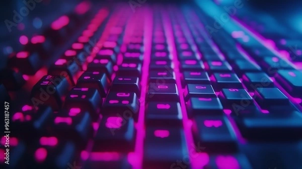 Obraz Working on a neon computer keyboard with colored backlighting Selected focus Computer video games hacking technology internet concept Selected focus : Generative AI