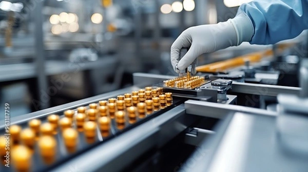 Fototapeta Concept med industry on medicine factory Worker use control panel of automatic machine production line for manufacture of medical plastic form for surgical kit : Generative AI