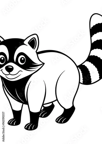 Fototapeta Cheerful funny raccoon black and white vector drawing on transparent background