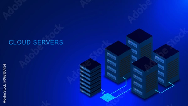 Obraz Isometric style server computer rack on blue background. Server room, cloud data storage technology and data center concept