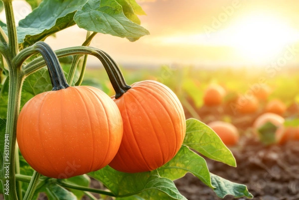 Obraz A pair of vibrant pumpkins hanging on a vine at sunset, showcasing the beauty of a pumpkin patch in autumn.