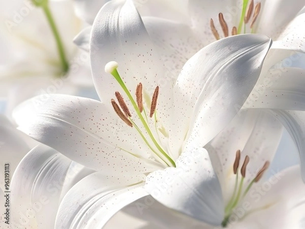 Obraz Soft and Delicate White Lily Flowers with Pollen in Full Bloom