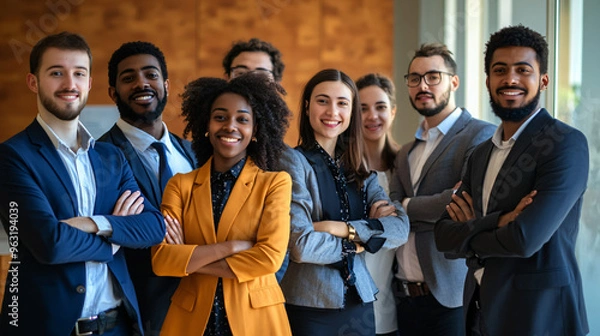 Fototapeta Diverse team of business professionals standing together with crossed arms, all smiles