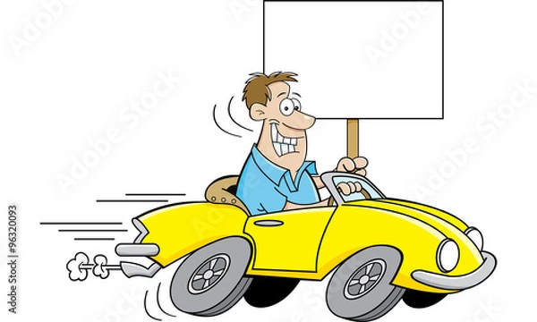 Fototapeta Cartoon illustration of a man driving a car and holding a sign.