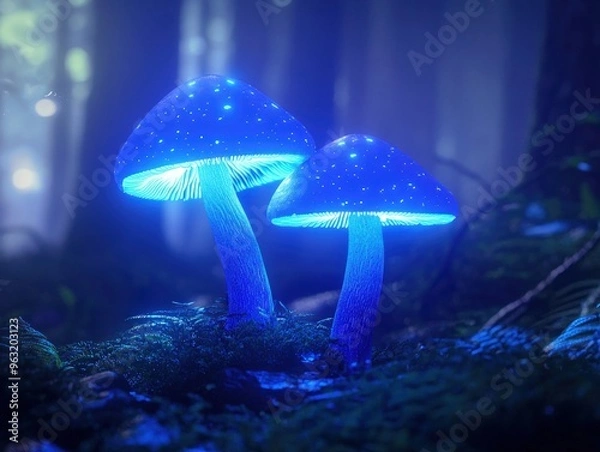 Fototapeta Glowing Blue Mushrooms in the Forest.