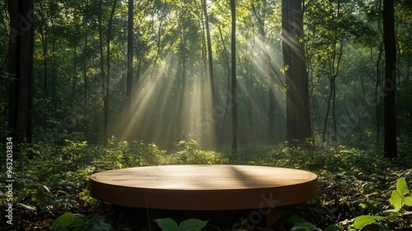 Fototapeta A wooden podium sits in a lush forest clearing, bathed in sunlight filtering through the leaves. Captured from a low angle with a wide lens, the scene is enveloped in morning mist.