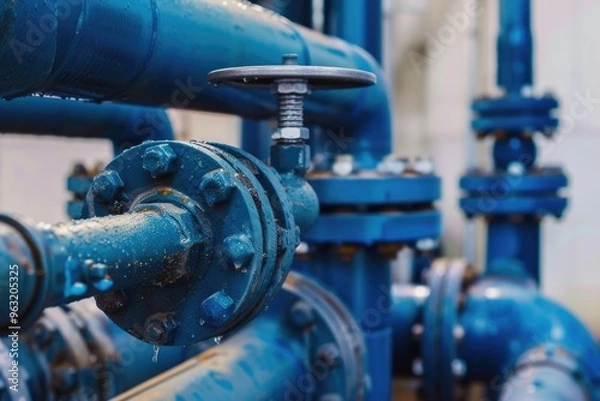 Fototapeta A blue pipe with a valve on it. The valve is rusted and has a lot of bolts