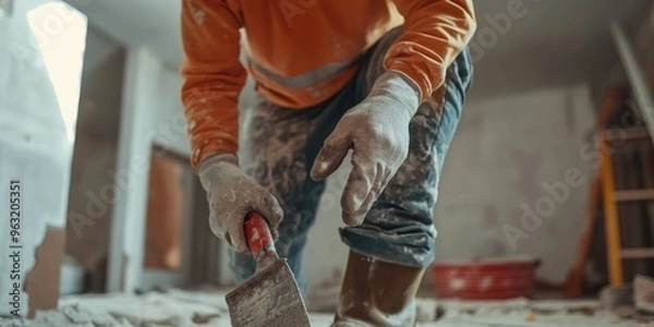 Fototapeta A man in an orange shirt is holding a trowel and working on a wall. Concept of hard work and dedication, as the man is focused on his task