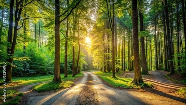 Obraz A breathtaking view of a crossroad surrounded by tall trees and green foliage in the midst of a sunlit summer forest, intersection, sunlit, exploration, tranquility, sunlight, summer