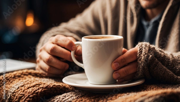 Obraz Close-up of a Man's Hand Holding a Cup of Coffee with a Smile