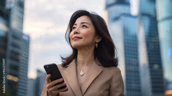 Obraz A woman is holding a cell phone and smiling. She is standing on a balcony overlooking a city