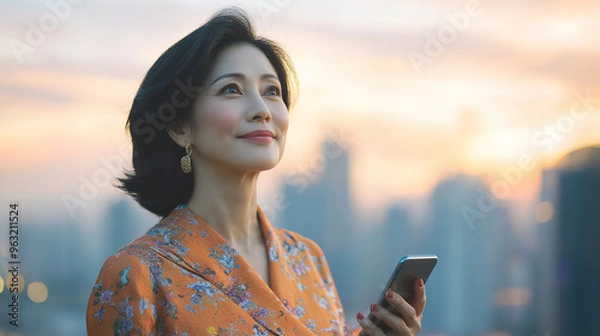 Fototapeta A woman is holding a cell phone and smiling. She is standing on a balcony overlooking a city