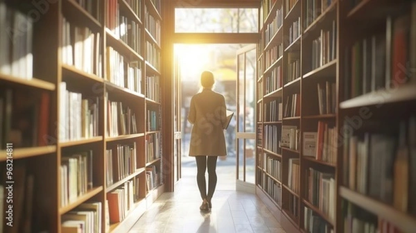 Fototapeta A person walks through a sunlit library, surrounded by bookshelves filled with books, creating a serene atmosphere.
