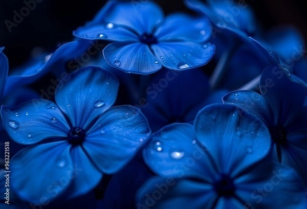 Obraz Close up of Blue flowers with drops of water on dark background 