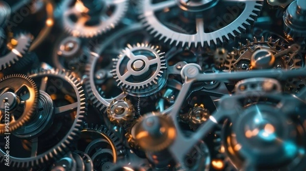 Fototapeta Close up of intricate metal gears and cogs working together, representing concepts of industry, engineering, and mechanics.
