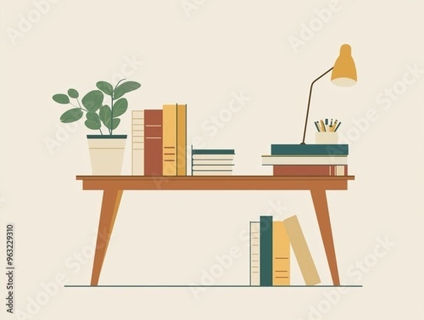 Fototapeta Minimalist Workspace with Books and Plant