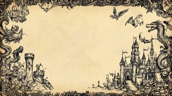 Fototapeta Medieval Fantasy Inspired Doodle Border with Castles and Mythical Creatures