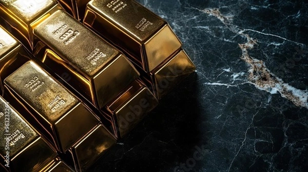 Fototapeta A collection of gold bars arranged neatly on a marble surface, symbolizing wealth and luxury.