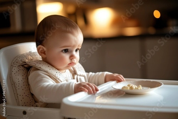 Fototapeta A baby sits in a highchair looking at food on a plate in front of them