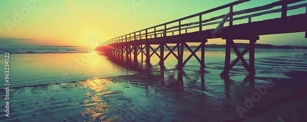 Fototapeta A wooden pier stretches out into the ocean at sunrise, creating a tranquil and picturesque scene.