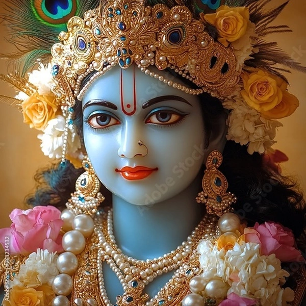 Fototapeta Lord Krishna wallpaper with a gold background and flowers
