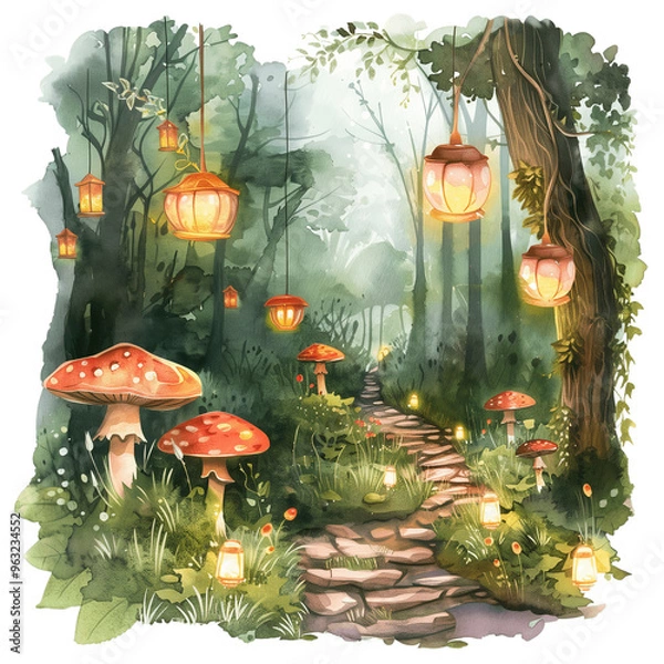 Fototapeta An enchanted forest path lined with glowing lanterns and mushrooms