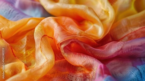 Obraz A close-up shot of handwoven silk fabric showcasing the delicate interplay of natural dye colors in a tie-dye design