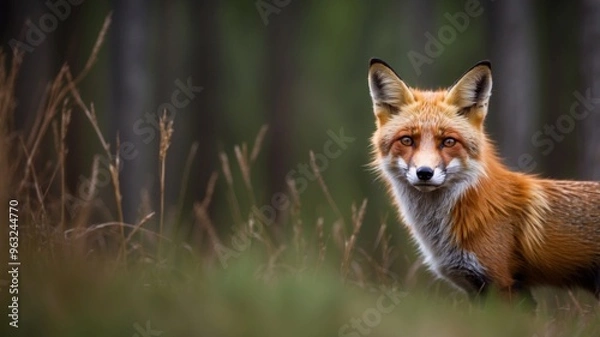 Fototapeta Curious Red Fox Peeking Through Tall Grass in Forested Habitat.