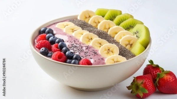 Fototapeta A colorful smoothie bowl made with a blend of fruits, vegetables, and yogurt, garnished with chia seeds and a sliced banana