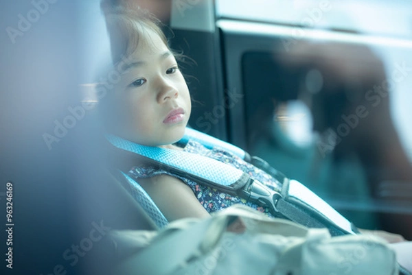 Obraz An Asian child sits in a child seat, buckled up in the car. Shot through glass windshield. 
