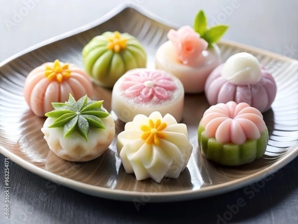 Fototapeta Delicate, hand-crafted wagashi sweets, with intricate designs and subtle textures, are carefully arranged on a crisp, snow-white platter, surrounded by an expanse of clean, uncluttered space.