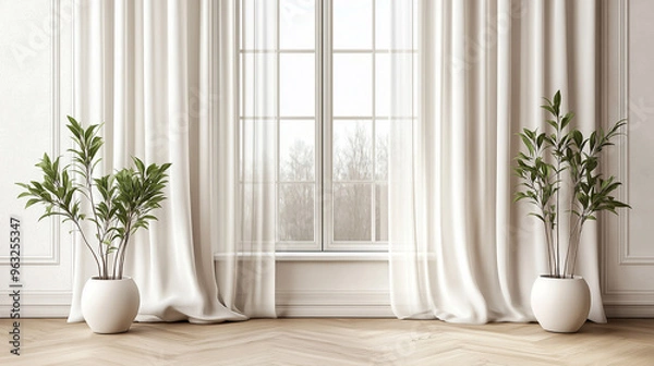Fototapeta The Serene Minimalist Window Scene with White Curtains and Greenery, Evoking Tranquility and Natural Elegance