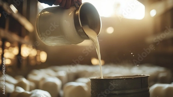 Fototapeta Cropped shot of an unrecognizable pouring unprocessed milk into a container inside a barn
