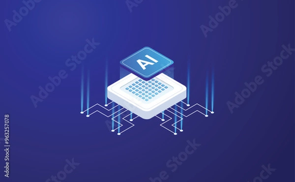 Obraz Artificial Intelligence, Isometric Vector banner for AI, Deep Learning, Machine Learning, and Technological Digital Brain Concepts,isometric banner,AI isometric, AI learning machine, ai icon.
