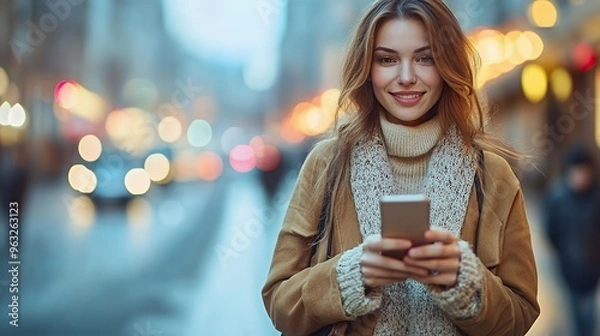 Fototapeta A young woman wearing a brown jacket and a white sweater smiles while looking at her phone on a city street with blurred lights in the background.