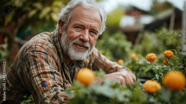 Fototapeta Serene Therapy: Elderly Caucasian Man Finding Peace in Gardening - Concept of Mental Health Recovery through Horticulture for Seniors