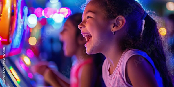 Obraz Frenzied Frenzy: An indoor arcade packed with flashing lights and blaring noises, kids laughing and shouting in excitement.