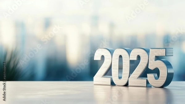 Fototapeta Modern 2025 sign in silver with a city skyline in the background, symbolizing new beginnings in urban growth and development