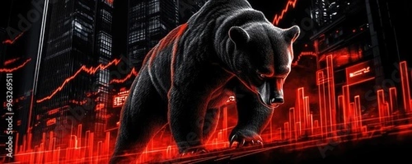 Fototapeta A striking digital illustration of a bear against a backdrop of stock market data, symbolizing market downturns and trends.