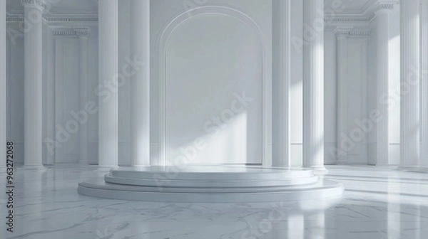 Fototapeta A sleek, futuristic matte white product platform in the middle of a minimalist luxury room with high white walls and subtle architectural elements that frame the product perfect